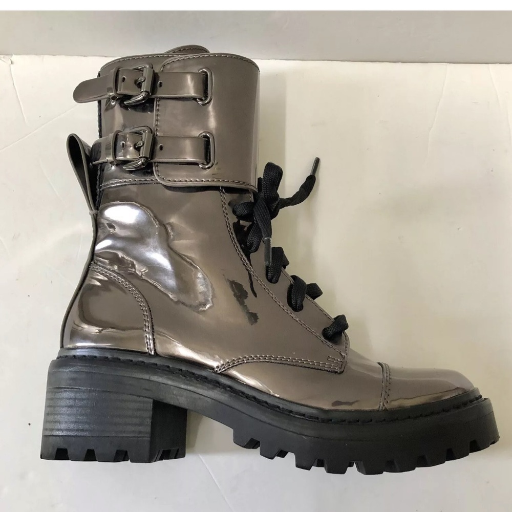 DKNY Combat Boot Womans Size 6 Bart Bootie Glossy Gunmetal Side Zip Buckle  ps2